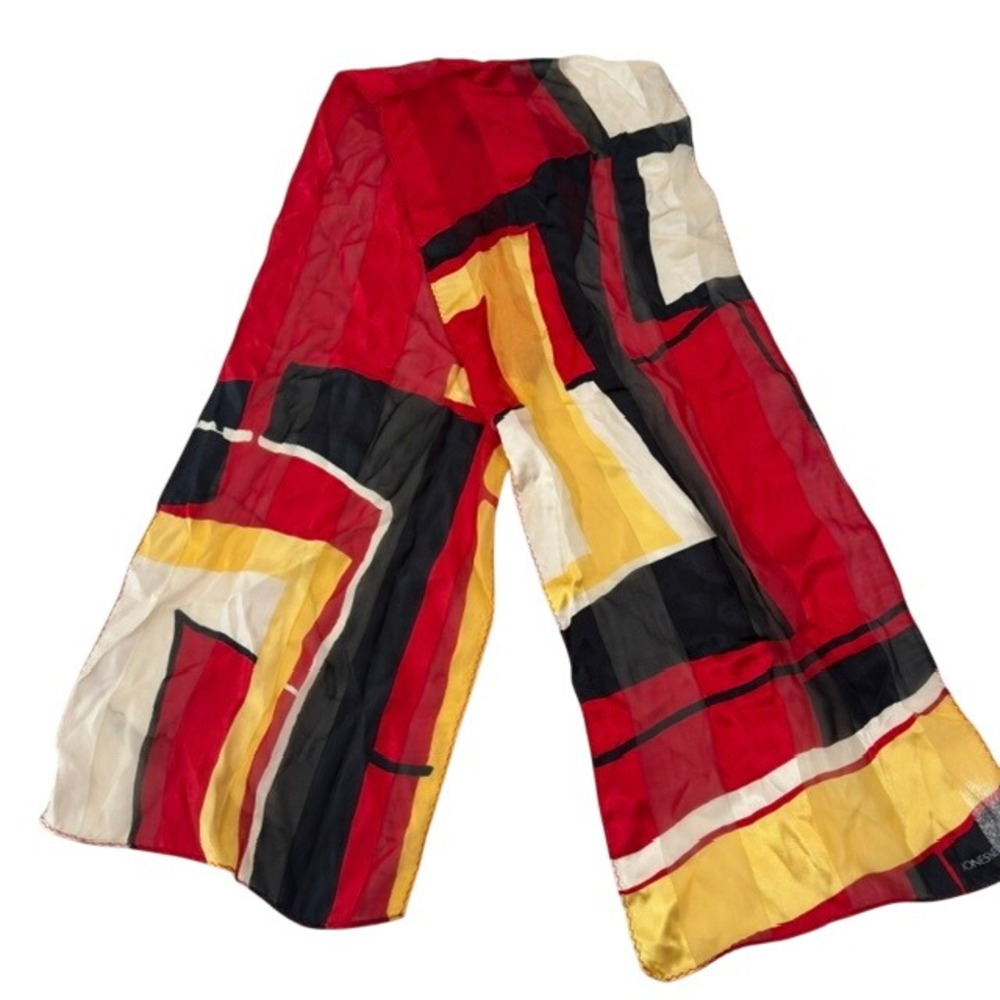 Jones New York 100% Silk Scarf NWT Red Black Gold Geometric 10x54